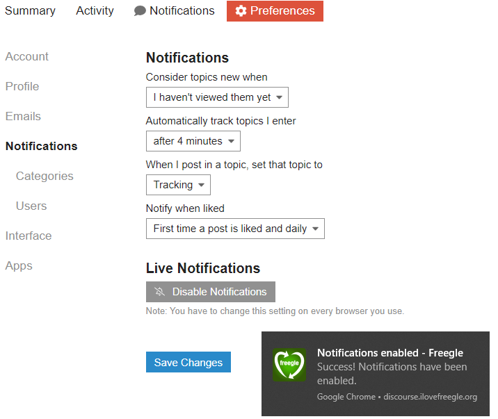 The Notifications section lets you choose general settings and enable browser notifications